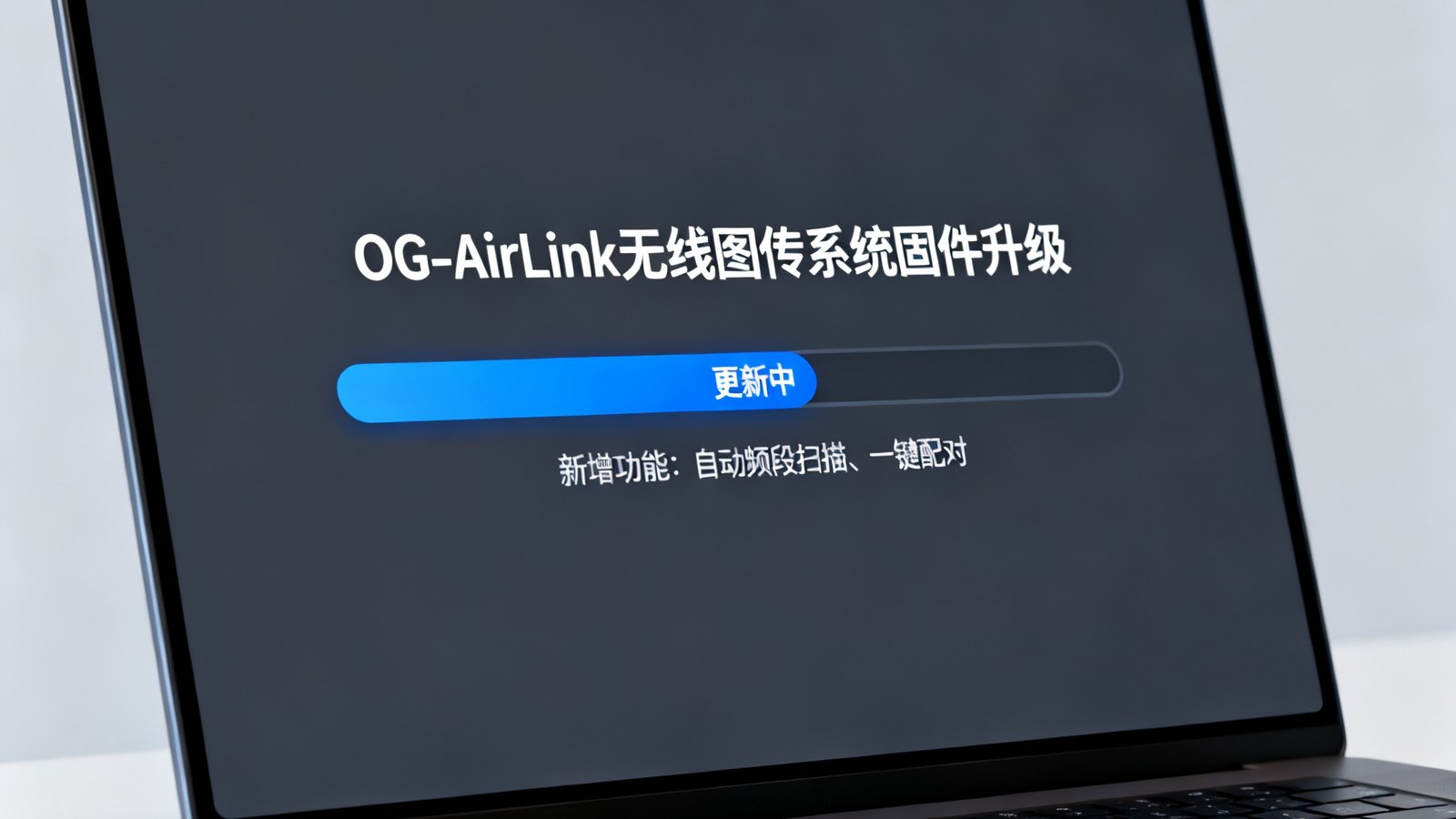 笔记本电脑屏幕上显示OG-AirLink无线图传系统固件升级界面，进度条显示更新中，旁边标注着新增的自动频段扫描和一键配对功能说明。